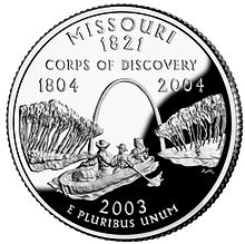 The Missouri state quarter depicting the Gateway Arch and the Lewis and Clark Expedition